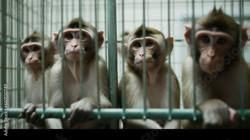 Funny looking animals staring through cage rods.