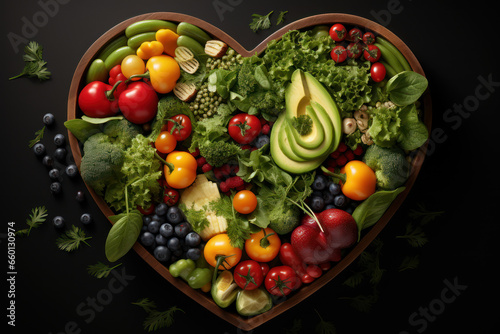 A heart-shaped vegetable salad, underlining heart-healthy food choices. Concept of cardiovascular health. Generative Ai. © Sebastian