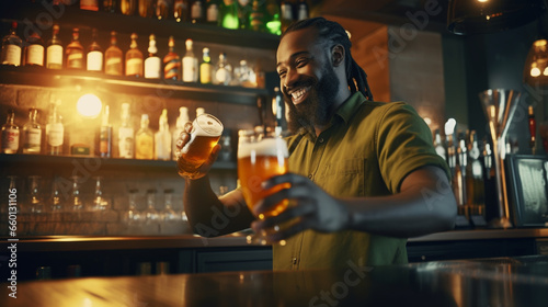 Portrait of cheerful young bartender standing and smiling in bar