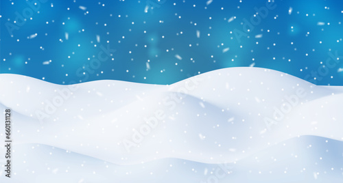 3D Winter Landscape with Snowdrifts and Snow. Render Christmas Snow Drifts on Blue Sky Background. Winter Snow Ground, Snowdrift Mound, Ice layer. Realistic Vector Illustration