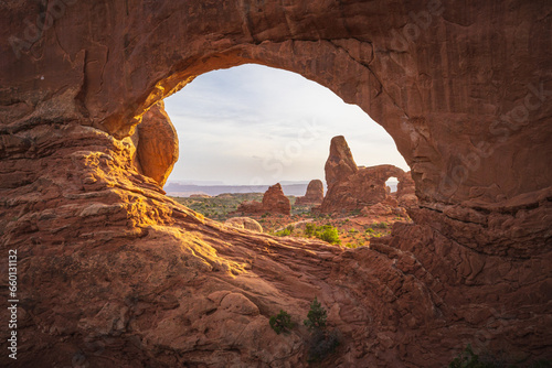turret arch through north window arch in arches national park, utah, usa