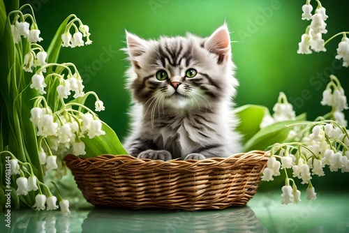 Little gray fluffy kitten lying in a wicker basket full of lily of the valley flowers on green grass