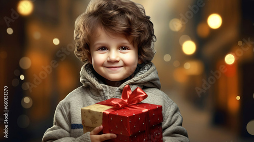 A little boy holds a gift box with a Christmas or New Year's gift. © Olga Gubskaya