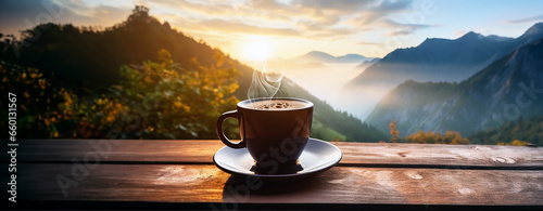 A cup of hot morning coffee with steam on a wooden table against a background of sunrise scene in the mountains. Wide scale panoramic image created by Generative AI