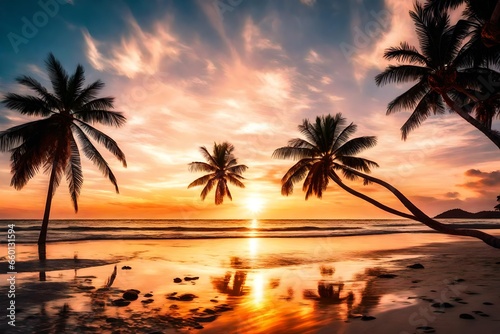 Gorgeous tropical sunset over beach with palm tree silhouettes Perfect for summer travel and vacation © usman