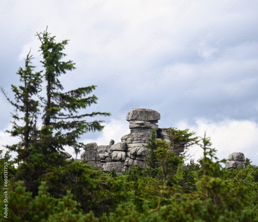 Fototapeta premium A rocks formation in Karkonosze National Park, sms’en from faraway through a pine forest