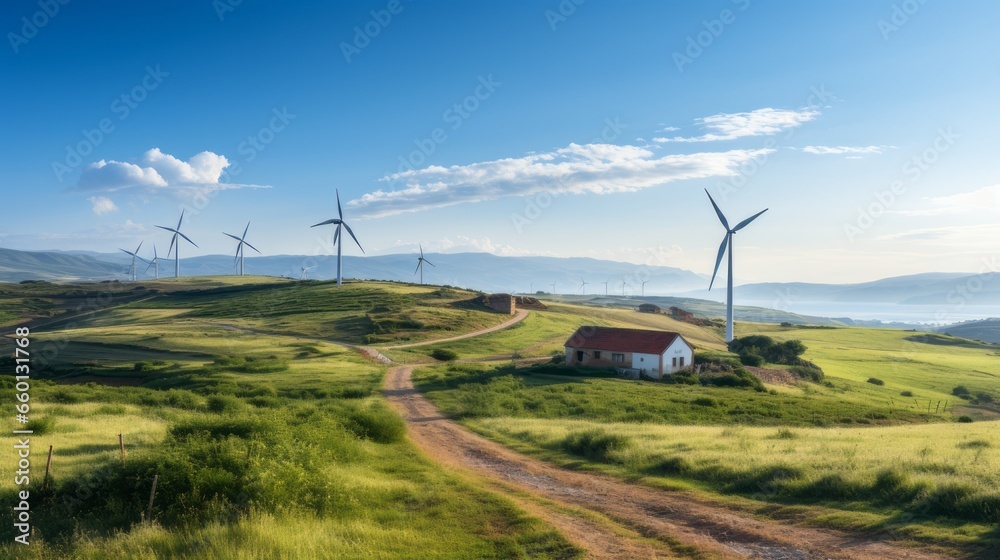 Wind turbines in the countryside with a small house on the hill