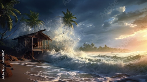 This scene portrays a Caribbean beach hut in the path of an approaching hurricane, showcasing the relentless power of nature. The stormy seas are tumultuous