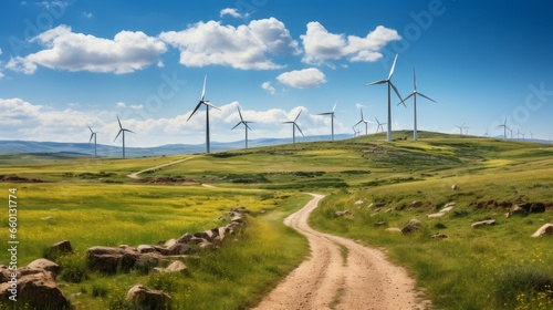 Wind turbines on a green meadow with blue sky and white clouds