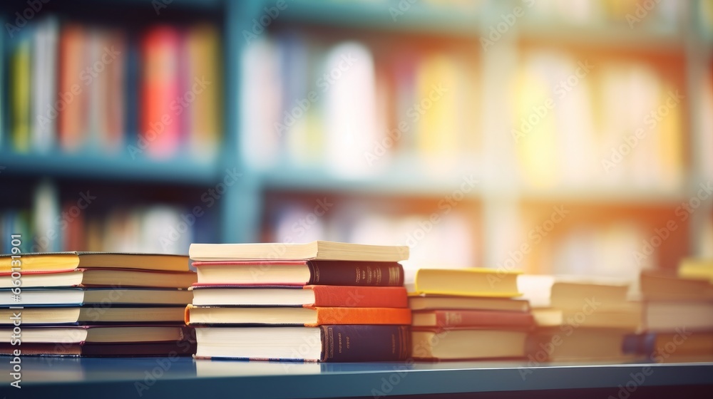 A stack of books arranged neatly in a library room with a bookshelf in the background, forming a backdrop suitable for business and education themes, particularly emphasizing the concept of going back A stack of books arranged neatly in a library room with a bookshelf in the background, forming a backdrop suitable for business and education themes, particularly emphasizing the concept of going back