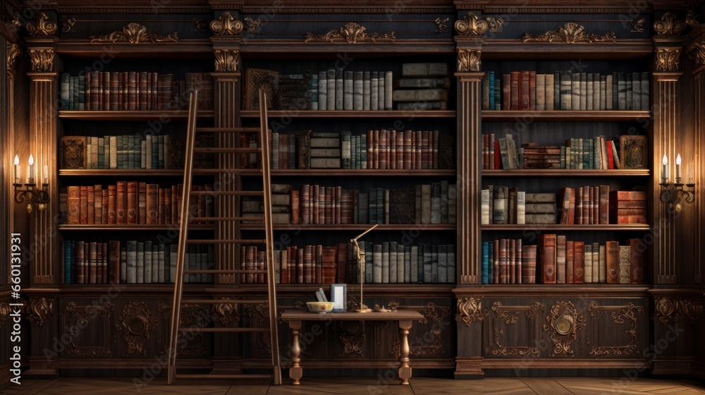 A 3D-rendered illustration of bookshelves within a library filled with old, vintage books, creating a nostalgic and intellectual atmosphere A 3D-rendered illustration of bookshelves within a library filled with old, vintage books, creating a nostalgic and intellectual atmosphere