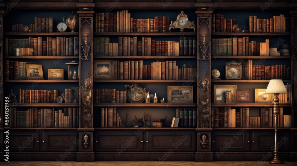 A 3D-rendered illustration of bookshelves within a library filled with old, vintage books, creating a nostalgic and intellectual atmosphere - obrazy, fototapety, plakaty 