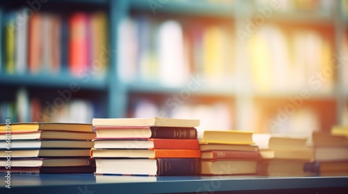 A stack of books arranged neatly in a library room with a bookshelf in the background, forming a backdrop suitable for business and education themes, particularly emphasizing the concept of going back