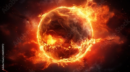 This illustration depicts a burning globe Earth, symbolizing global warming and the urgent issue of climate change. It highlights the planet overheating, suggesting an impending cataclysmic event
