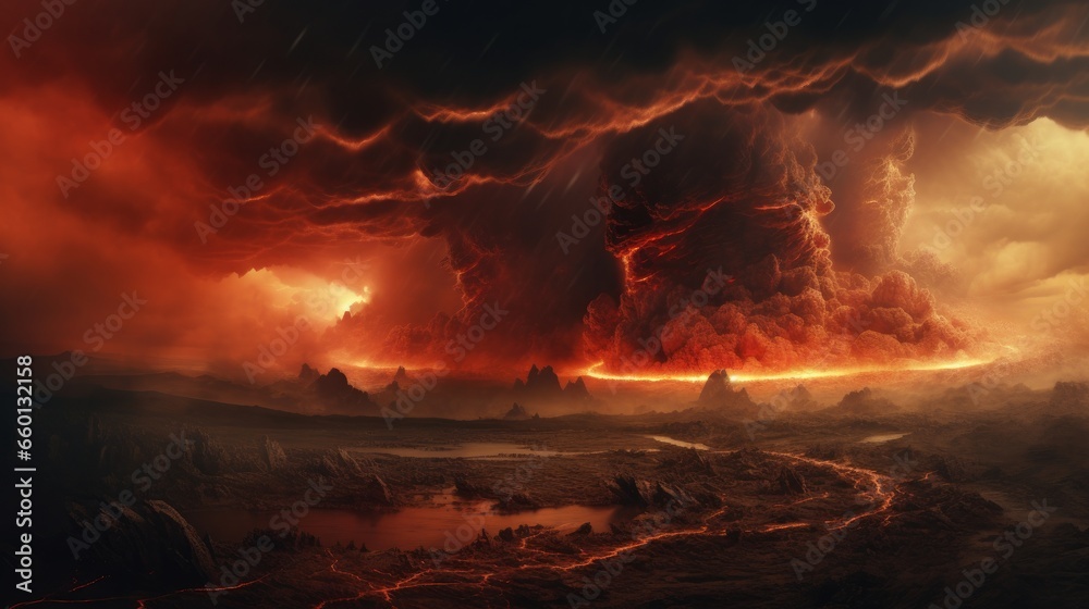 An intense and dramatic apocalyptic scene, portraying the judgment day and the end of the world. This illustration features an asteroid impact, a sky filled with ominous dark red clouds