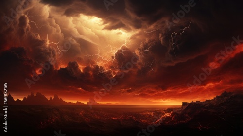 An intense and dramatic apocalyptic scene, portraying the judgment day and the end of the world. This illustration features an asteroid impact, a sky filled with ominous dark red clouds © Chingiz
