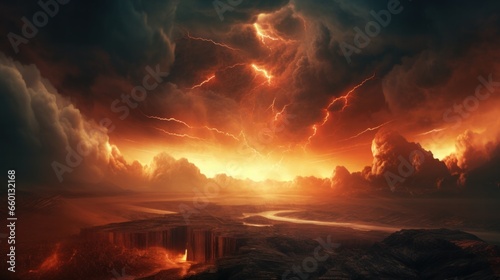 An intense and dramatic apocalyptic scene, portraying the judgment day and the end of the world. This illustration features an asteroid impact, a sky filled with ominous dark red clouds