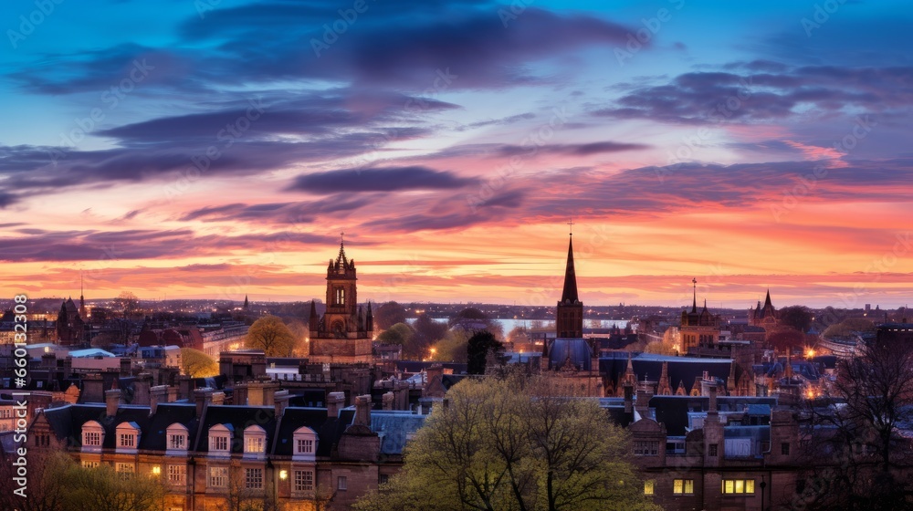 A panoramic view capturing the evening skyline of Oxford, a historic city in England, known for its iconic architecture, academic institutions, and cultural heritage