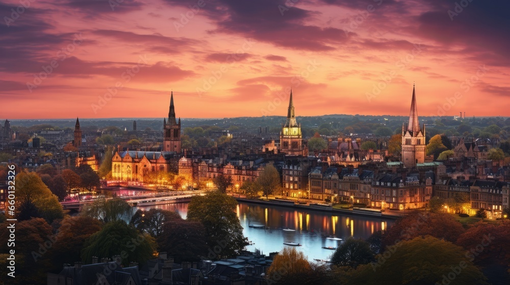 A panoramic view capturing the evening skyline of Oxford, a historic city in England, known for its iconic architecture, academic institutions, and cultural heritage - obrazy, fototapety, plakaty 