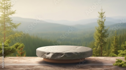This 3D illustration depicts a modest stone podium set upon a rocky platform  creating a neutral and rustic pedestal for showcasing products. The backdrop features a lush green forest 