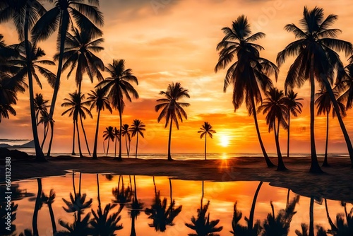 Gorgeous tropical sunset over beach with palm tree silhouettes Perfect for summer travel and vacation