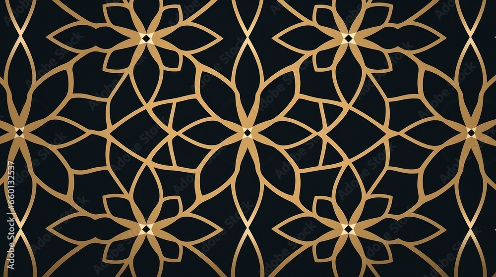 A seamless pattern with intricate Islamic design elements, featuring gold arabesque motifs and repeating Moroccan patterns, creating an ornate and stylish look suitable for various designs and prints