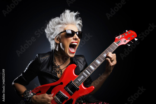 young woman in a leather jacket and dark glasses playing rock on an electric guitar and sings