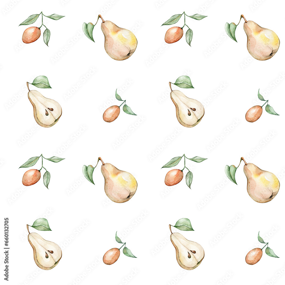 Obraz premium Seamless pattern with watercolor pears and kumquat 