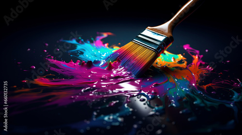 A paintbrush covered in vibrant, multicolored paint splatters