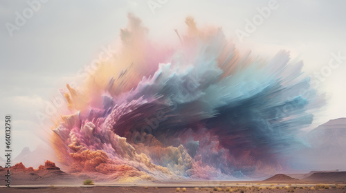 A vibrant sand explosion in the desert landscape