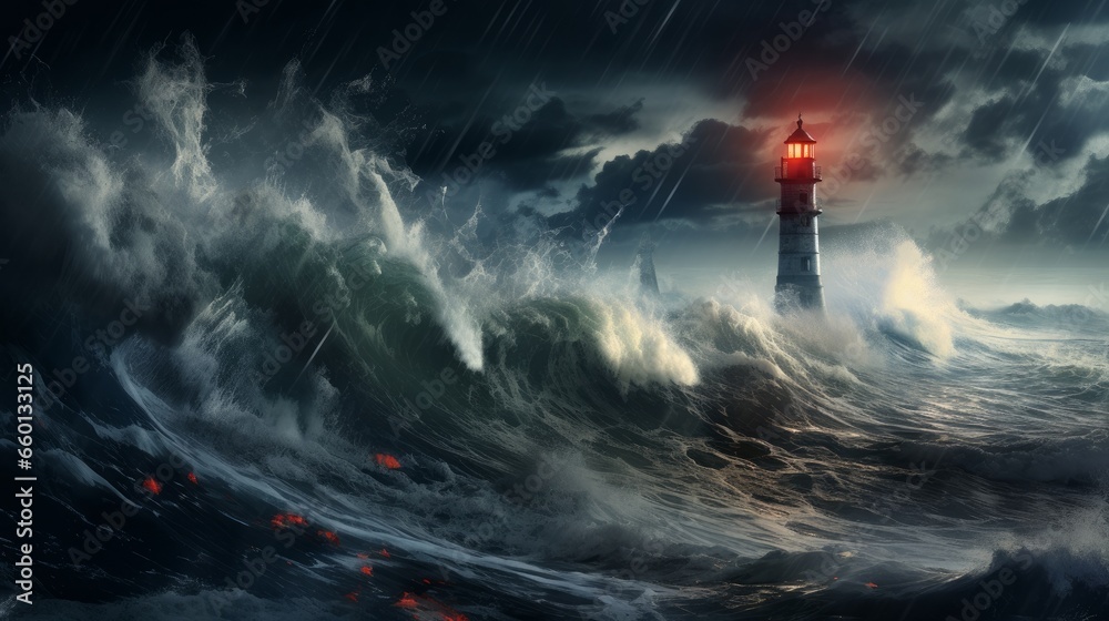 Tsunami and Lighthouse in the storm strike