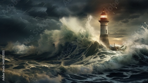 Tsunami and Lighthouse in the storm strike © Chingiz