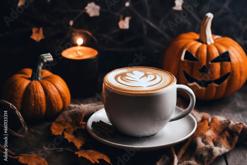 halloween holiday, home decoration with latte and pumpkins, still life, cozy, festive background with lights