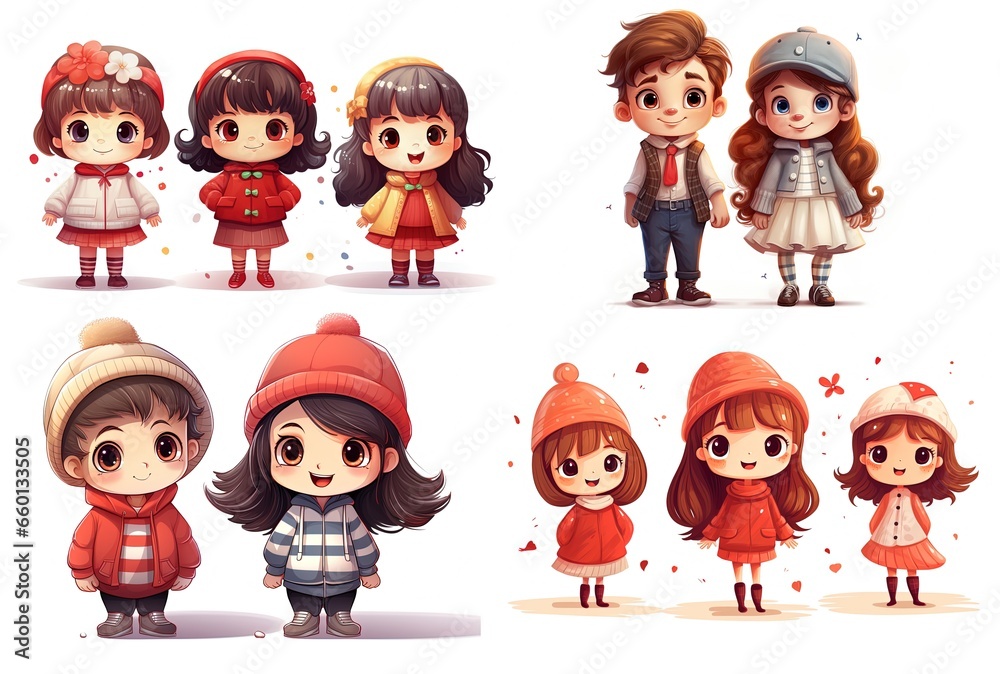 cartoon illustration of cute girl wearing winter outfit , collection set, Generative Ai cartoon illustration of cute girl wearing winter outfit , collection set, Generative Ai