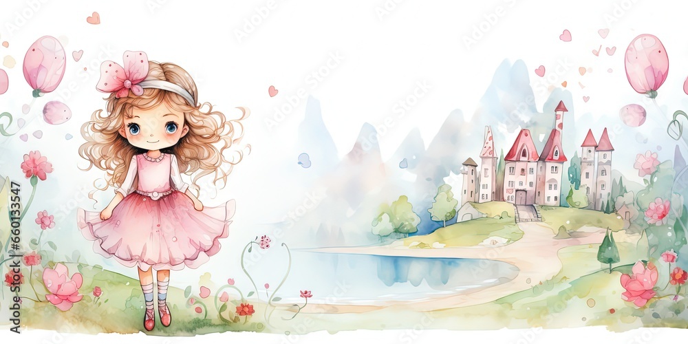 watercolor style cartoon illustration of pretty girl wearing pink dress ...