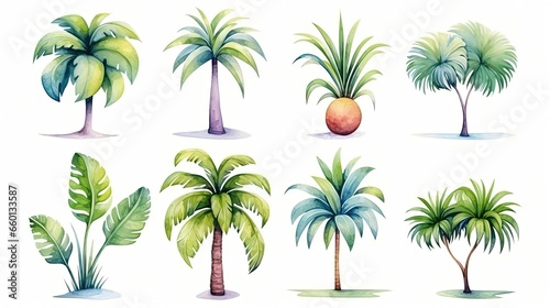 watercolor style illustration of tropical plant foliage  isolated on white background  collection set  Generative Ai