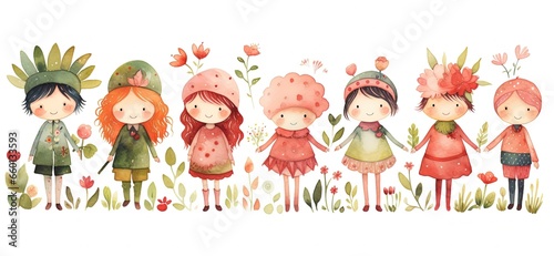 watercolor style cartoon illustration of group of cute girl in flower field  idea for best friend foreverconcept   Generative Ai