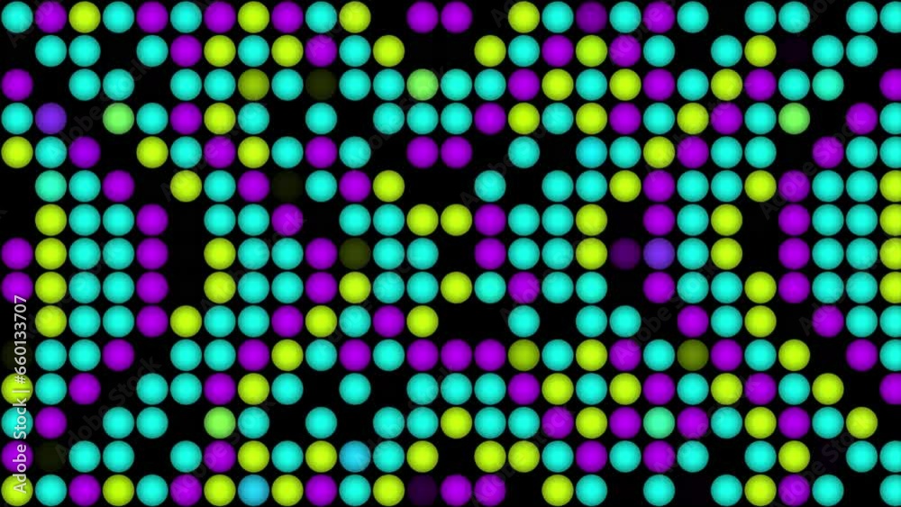 Panel with the LED bulb. Seamless looping animation footage. Looped motion rainbow colors background for party. Disco light effect. Flashing light wall background. VJ loop. 4K Panel with the LED bulb. Seamless looping animation footage. Looped motion rainbow colors background for party. Disco light effect. Flashing light wall background. VJ loop. 4K