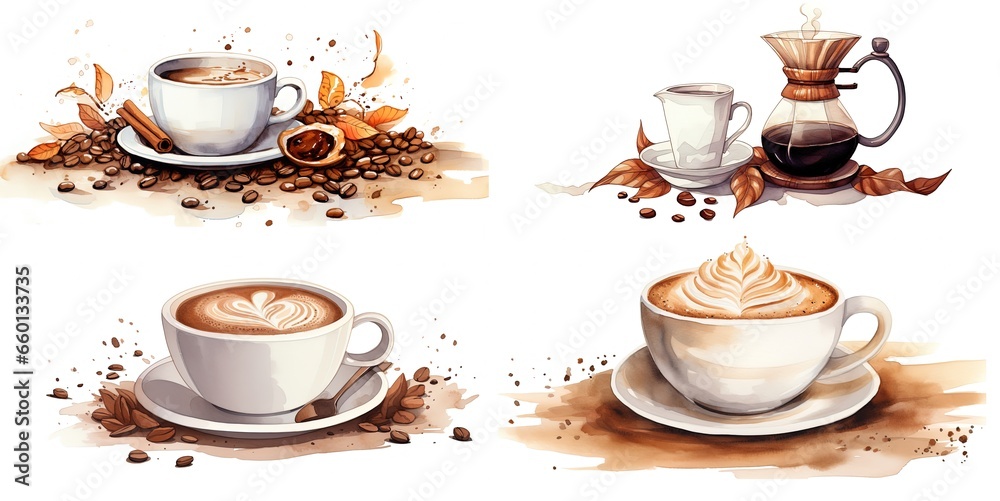 Fototapeta watercolor style illustration of glass of hot coffee with whipped cream, collection set, Generative Ai