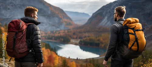 two men with backpacks are standing near a mountain lake in autumn.