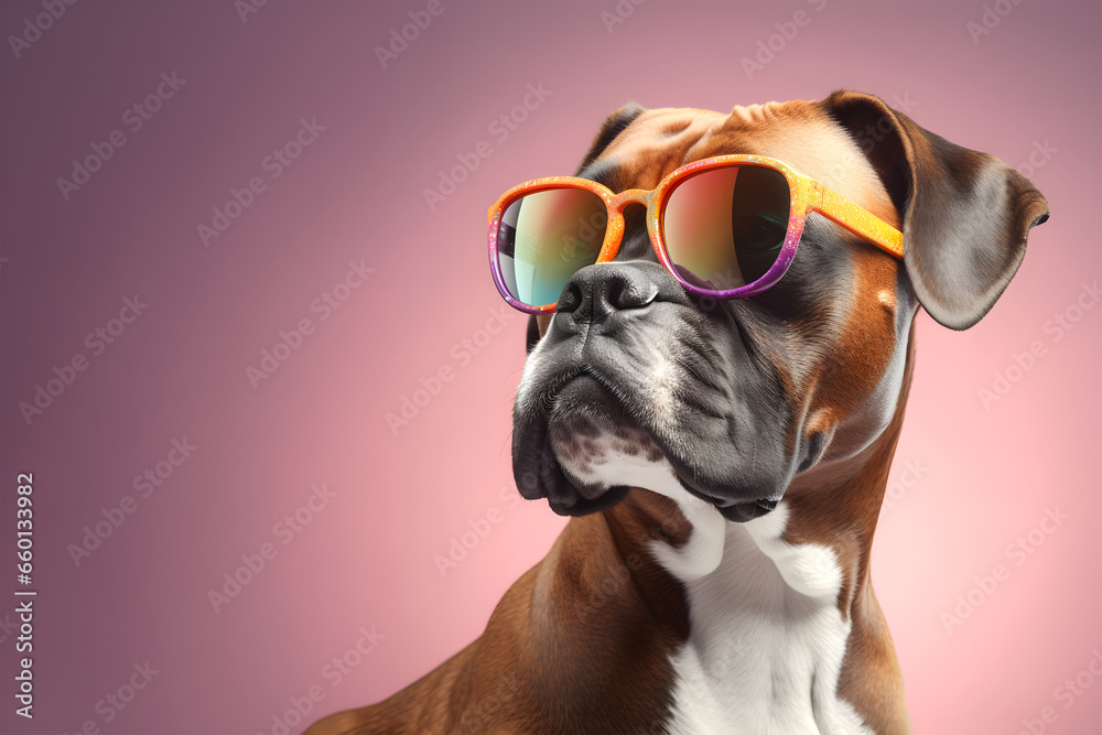 Creative animal concept. Boxer dog puppy in sunglass shade glasses isolated on solid pastel background, commercial, editorial advertisement, surreal surrealism.	

