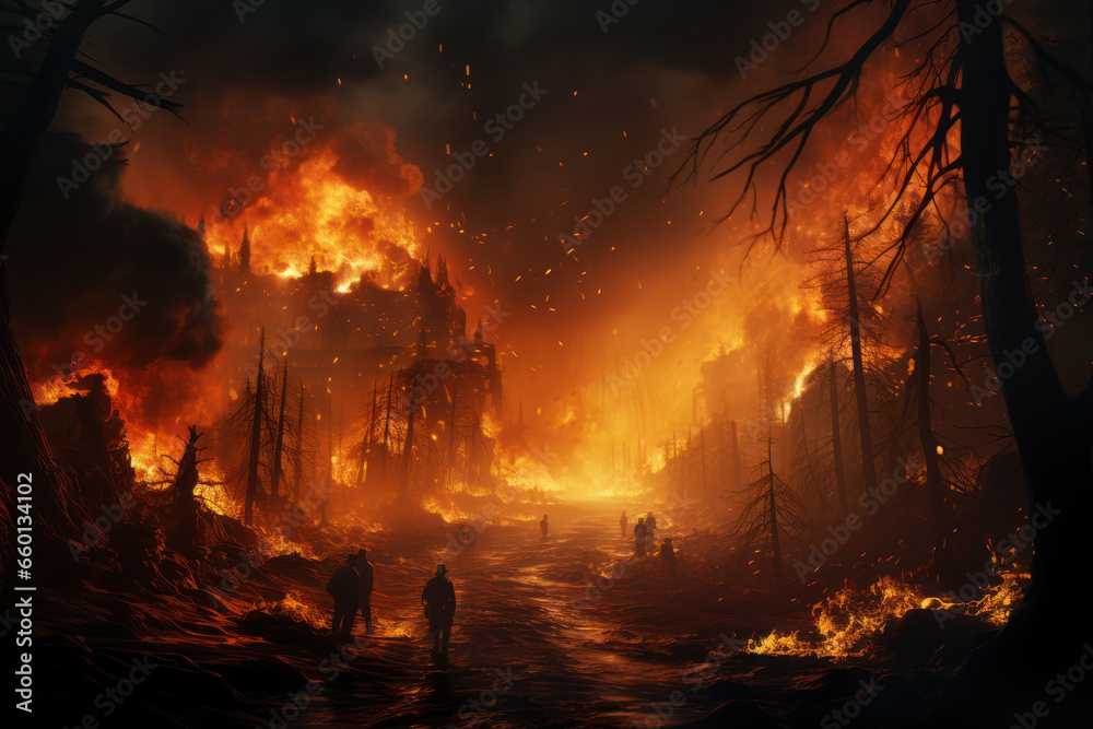 A raging wildfire consuming acres of forest, leaving a trail of destruction in its wake. Concept of forest fire disaster. Generative Ai.