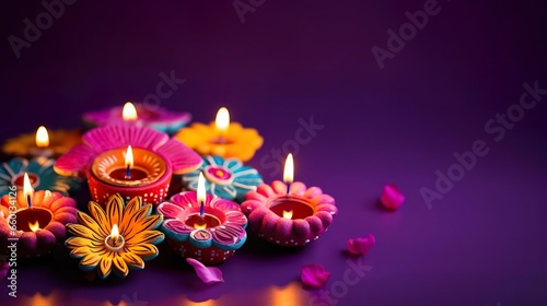 Colorful clay diya lamps with flowers on purple back