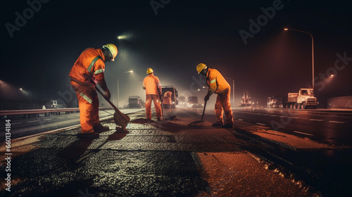 Construction site is laying new asphalt road pavement,road construction workers and road construction machinery scene.highway construction site landscape. photo