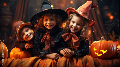 Children in costumes for the autumn holiday Halloween