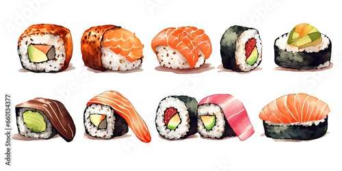 watercolor style illustration of sushi Japanese traditional dish collection set, Generative Ai