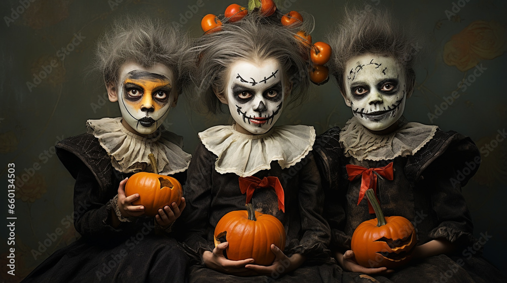 Children in costumes for the autumn holiday Halloween Children in costumes for the autumn holiday Halloween