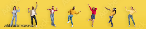 Happy multiracial men and women dancing on yellow background