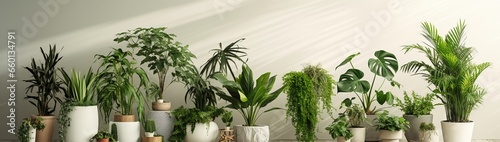 An indoor patio with green plants, the white wall between planters awaiting garden tips or branding. photo