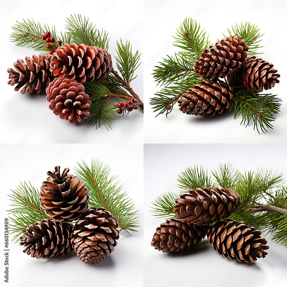 Fototapeta premium Variety of pine cones and fir cones on a clean white background